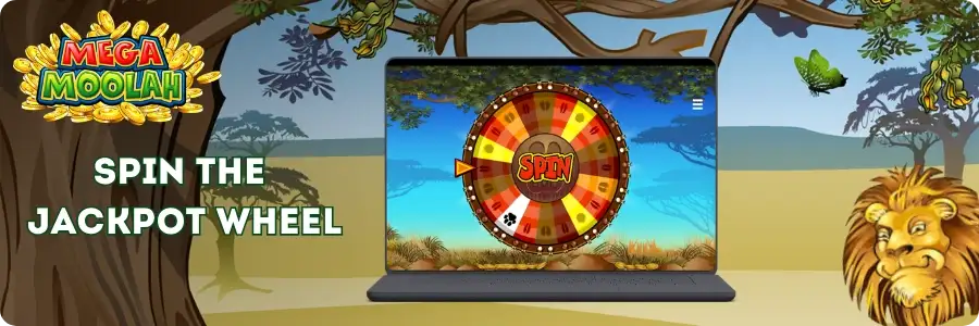 The Mega Moolah jackpot wheel on screen, split into coloured segments after a random trigger.