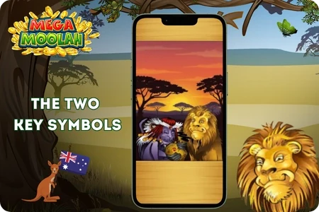 The Mega Moolah wild lion and scatter monkey lined up on the reels during a paid spin.